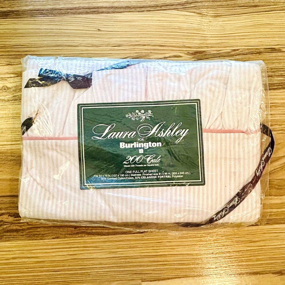 NEW Laura Ashley Ticking Stripe Pink Full Flat Sheet with Ruffle Burlington NOS